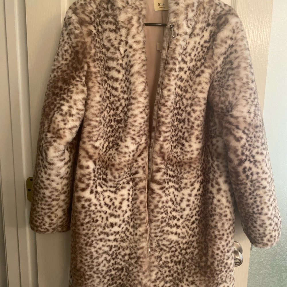 Tahari Cream and Gray Faux Fur Coat